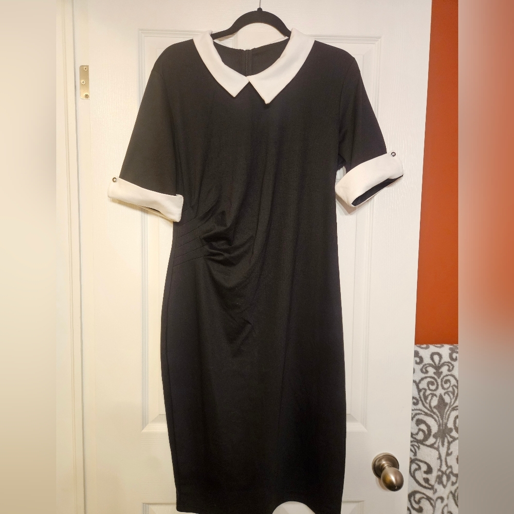 Retro Knee Length Bodycon Black Dress with White Collar and Cuffs